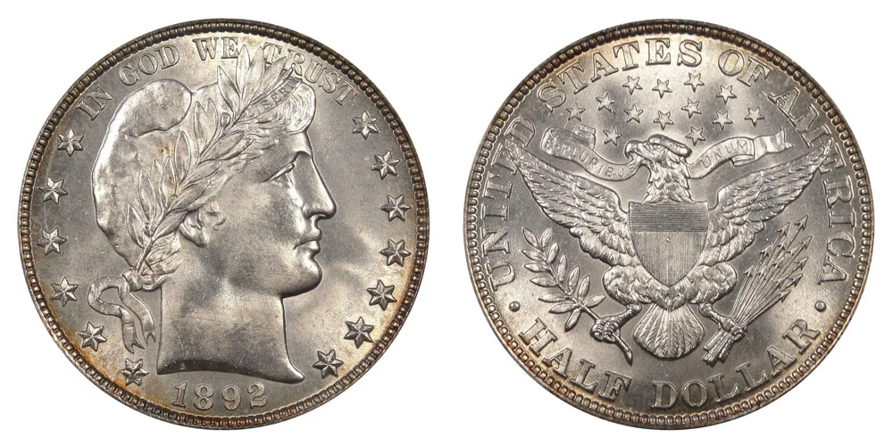 1892 Barber Half Dollar obverse and reverse showing Liberty head and heraldic eagle design