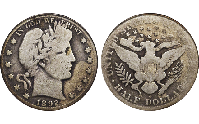 1892-O Barber Half Dollar showing standard large O mintmark and New Orleans strike characteristics