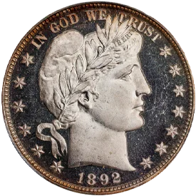 1892 Barber Half Dollar Proof coin showing deeply mirrored fields and frosted Liberty head design with cameo contrast