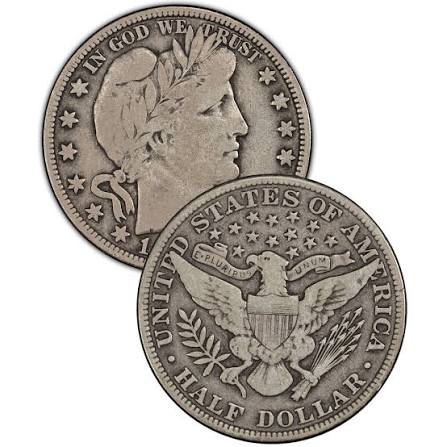 1892 Barber Half Dollar grading strip showing four condition levels: Good, Very Fine, About Uncirculated, and Mint State